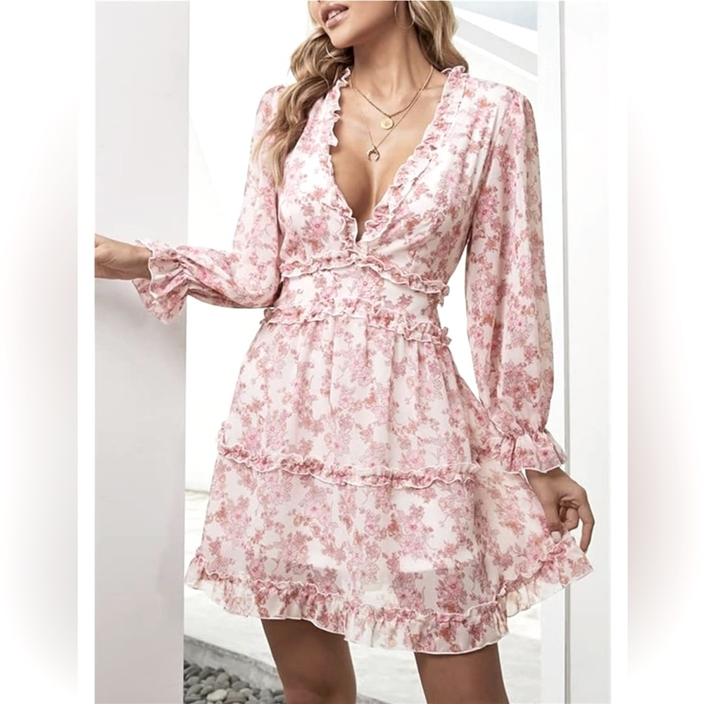 Womens Spring Summer Deep V Neck Ruffle Floral Chiffon Mini Dress